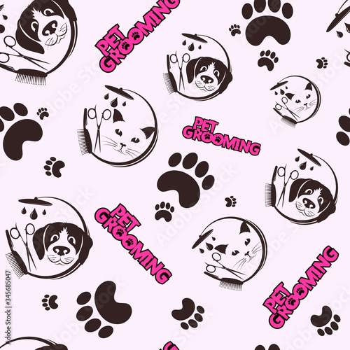 Pet grooming and washing seamless pattern background