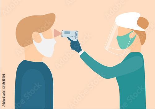 Digital medical infrared thermometer non-contact.For checking the temperature of people to scrub the patient coronavirus.Illustration about temperature checking COVID-19
