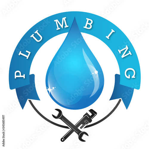 Drop of blue water and wrench plumbing repair symbol