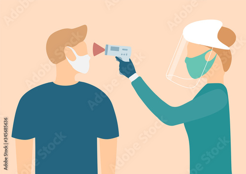 Digital medical infrared thermometer non-contact.For checking the temperature of people to scrub the patient coronavirus.Illustration about temperature checking COVID-19
