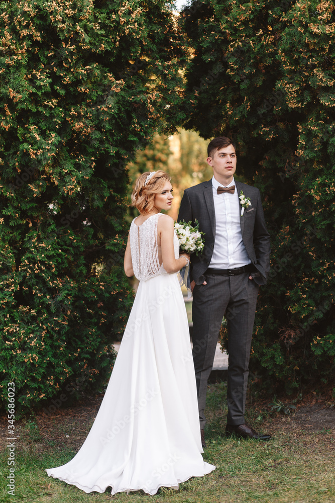 Bride and groom. Portrait of a man in a suit and a woman of a blonde in a white dress on nature on the wedding day.