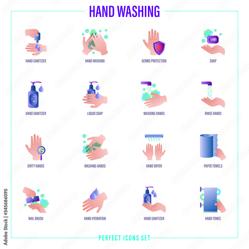 Fototapeta premium Washing hands gradient icons set: hand sanitizer, germs protection, liquid soap, dirty hands with microbs, hand dryer, paper towels, nail brush, antibacterial soap. Vector illustration.