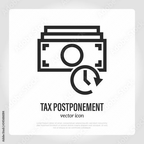 Tax postponement: postponed payday thin line icon. Banknotes with timer. Financial crisis vector illustration.