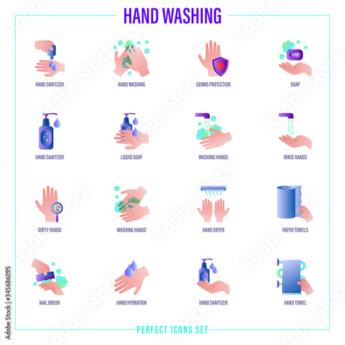Washing hands gradient icons set: hand sanitizer, germs protection, liquid soap, dirty hands with microbs, hand dryer, paper towels, nail brush, antibacterial soap. Vector illustration.