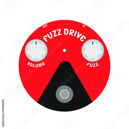 Red vintage fuzz drive guitar stomp box effect, graphic icon design. t-shirt artwork. Legendary for rock music.
