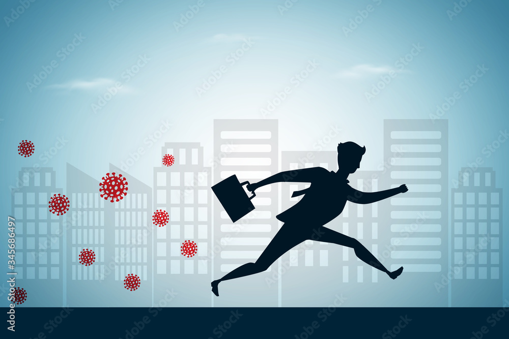 Viruses escape concept, businessman running with city background Viruses escape concept, businessman running with city background