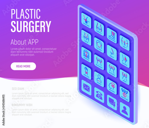 Plastic surgery web page template. Buttons on tablet with thin line isometric icons. Breast enlargement, reduction, mastopexy, implant, liposuction, facelift, rhinoplasty, buttock lift, hair replaceme