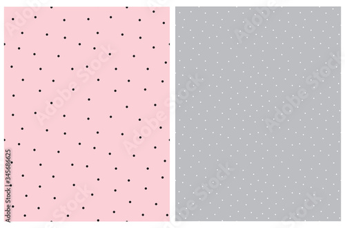 Fototapeta Naklejka Na Ścianę i Meble -  Pink and Gray Seamless Vector Pattern with small Dots. Tiny Black and Whit Polka Dots Isolated on a Pink and Gray Background. Simple Dotted Backdrop. Cute Geometric Print. Minimalist Design with Dots.