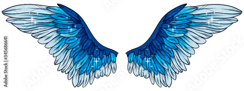 Beautiful glowing bright blue angel wings, vector