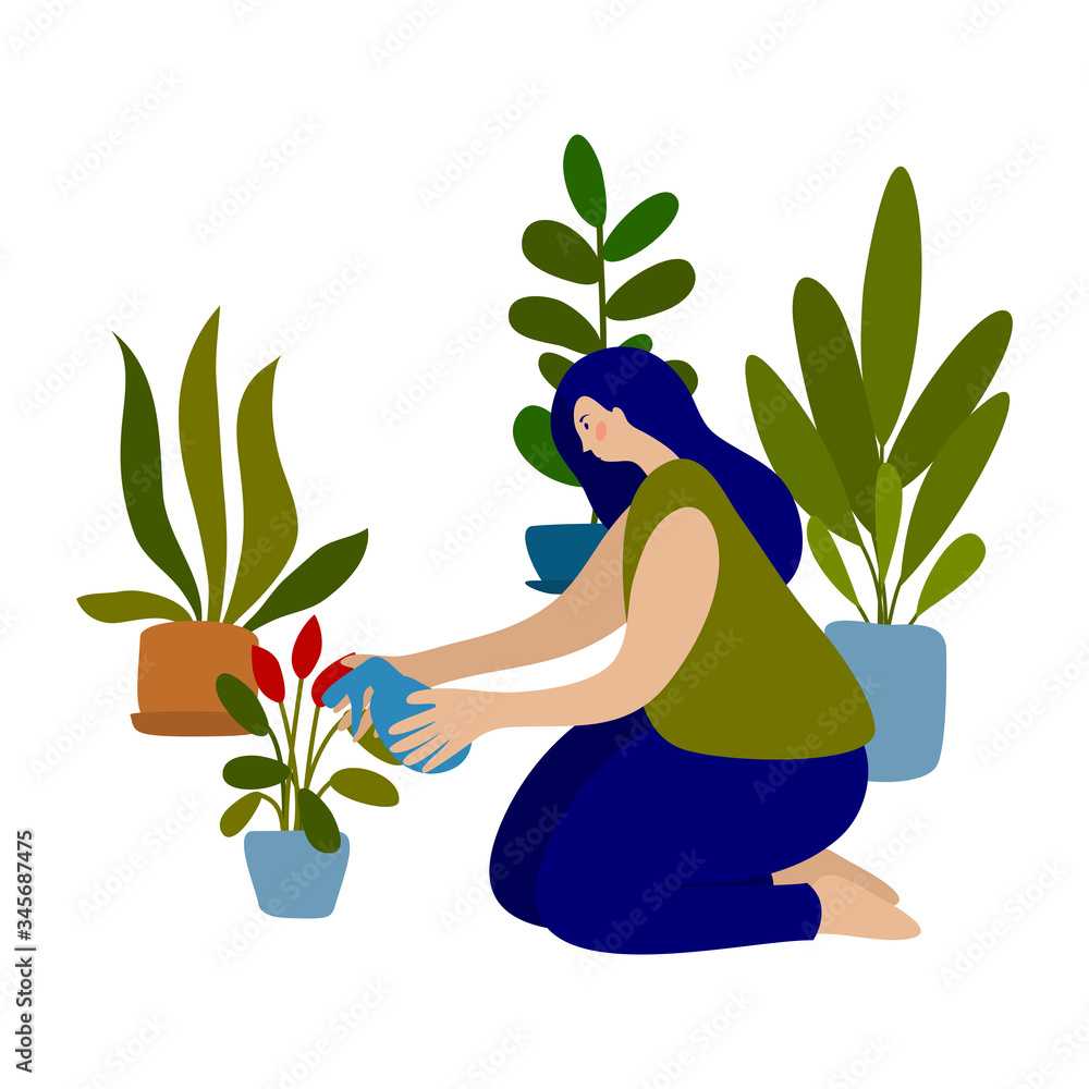 vector woman gardening house plant hobby leisure relax time at home everyday routine vector woman gardening house plant hobby leisure relax time at home everyday routine