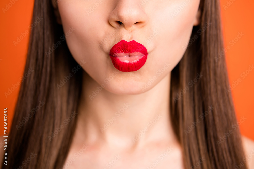 Close up cropped photo of charming fancy gorgeous lady enjoy new shine pomade send air kiss isolated over bright color background Close up cropped photo of charming fancy gorgeous lady enjoy new shine pomade send air kiss isolated over bright color background
