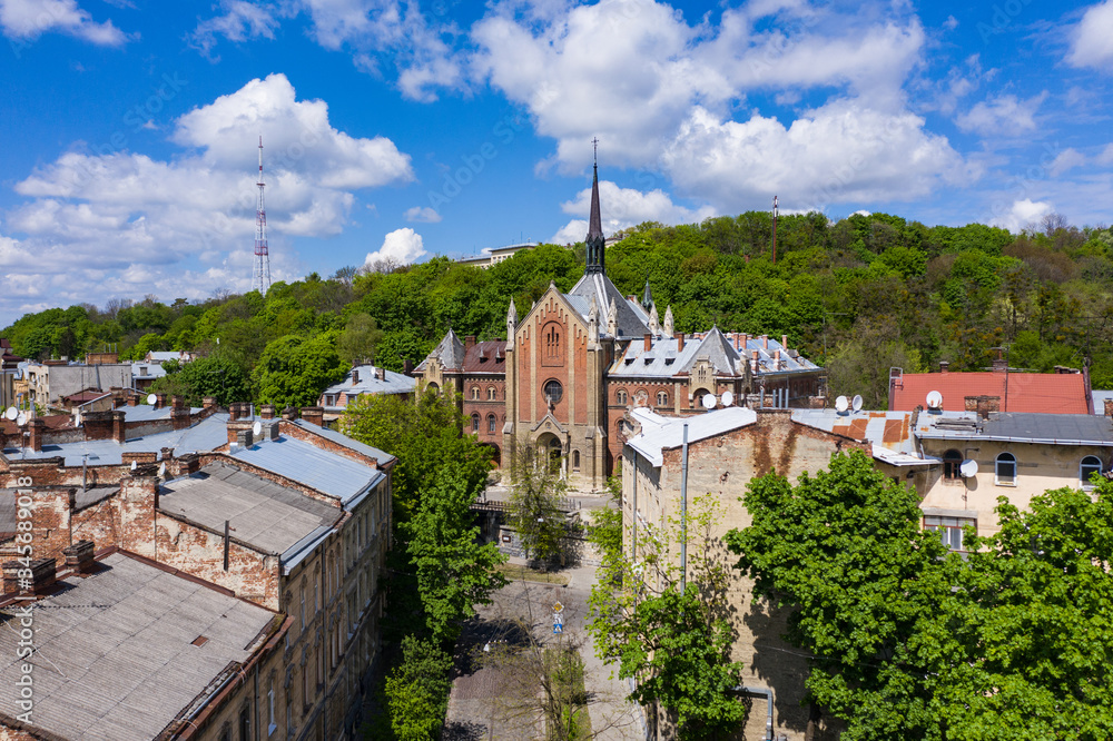 Aerial view on Church of John Chrysostom (former Church of the Sacred Heart of Jesus) in Lviv, Ukraine from drone