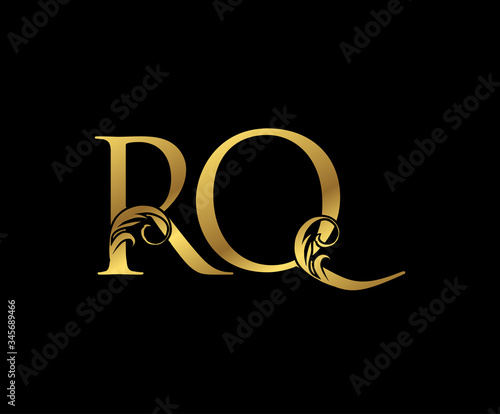 Elegant Gold RQ Letter Floral logo. Vintage drawn emblem for book design, weeding card, brand name, business card, Restaurant, Boutique, Hotel.