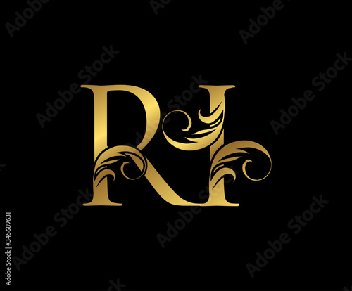 Elegant Gold RI Letter Floral logo. Vintage drawn emblem for book design, weeding card, brand name, business card, Restaurant, Boutique, Hotel.