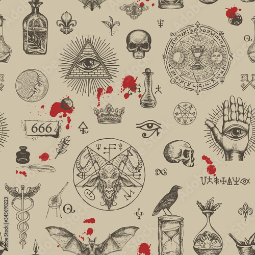Fotografie Vector seamless pattern on a theme of freemasonry, satanism and occultism in vintage style