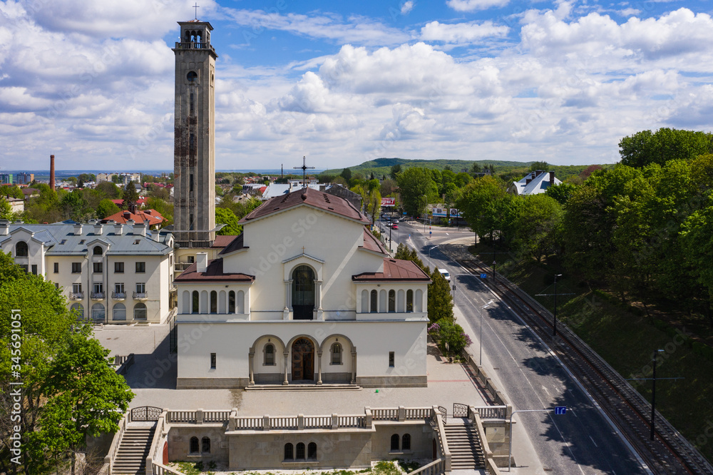 Aerial view Church of the Intercession of the Blessed Virgin Salesian Congregation in Lviv, Ukraine from drone