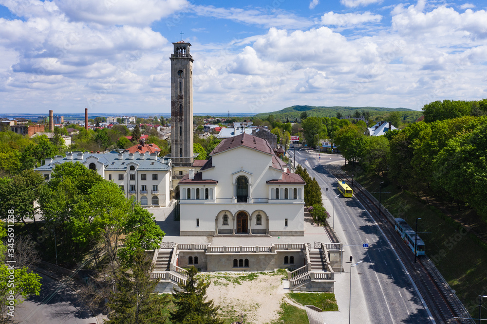 Aerial view Church of the Intercession of the Blessed Virgin Salesian Congregation in Lviv, Ukraine from drone