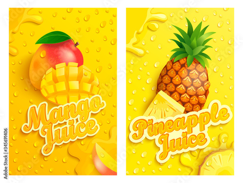 Set of fresh mango and pineapple juices backgrounds with drops from condensation, splashing and fruit slices for brand,logo,template,label,emblems,stores,packaging,advertising.Vector illustration