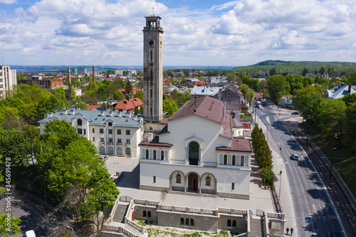 Aerial view Church of the Intercession of the Blessed Virgin Salesian Congregation in Lviv, Ukraine from drone photo