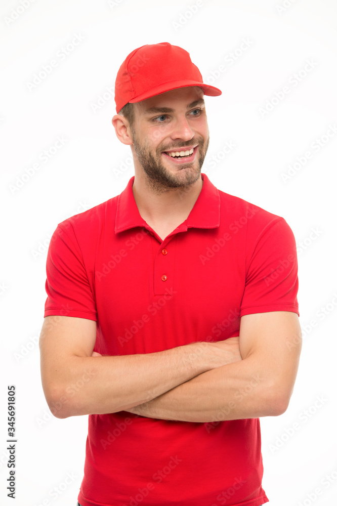 Trend for him. Confident guy. Happy guy keep arms crossed isolated on white. Handsome guy in casual style. Unshaven guy wear red cap and polo shirt. Fashion and style. Menswear store