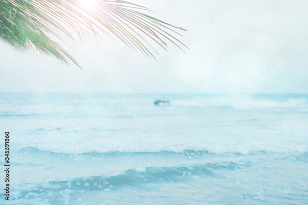 abstract blur web banner and summer background tropical palm and jet ski with driver move on blue sea