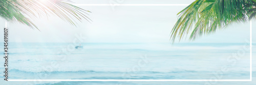 abstract blur web banner and summer background tropical palm and jet ski with driver move on blue sea