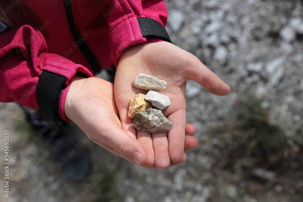 four stones on the child hands collected on walk or hike on the mountain