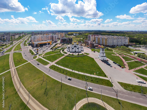 Aerial view on Church of the Nativity of the Blessed Virgin Mary in Sykhiv, the largest residential area in Lviv, Ukraine from drone. John Paul II Square