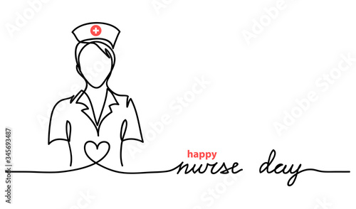 Happy Nurse Day simple vector web banner, background. Nurse day lettering. One continuous line drawing.