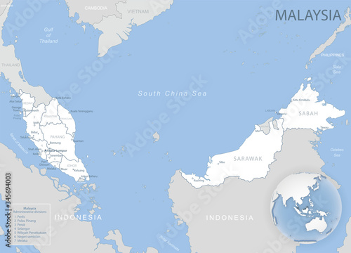 Blue-gray detailed map of Malaysia administrative divisions and location on the globe.