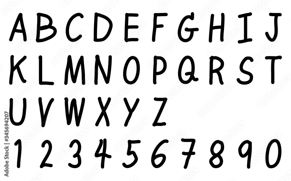 Black color hand drawing font of upper case English alphabet and number 0 - 9 on white background Black color hand drawing font of upper case English alphabet and number 0 - 9 on white background