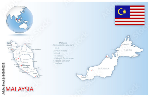 Detailed Malaysia administrative map with country flag and location on a blue globe.