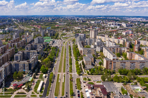 Aerial view on Sykhiv, the largest residential area in Lviv, Ukraine from drone. Chervonoyi Kalyny Avenue © Ruslan