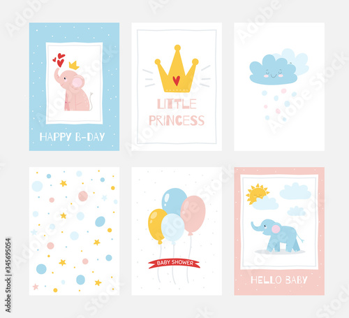 Set of posters and greeting cards for baby decoration. Elephant, Balloon, crown ,sun, cloud, baby shower. childish style, pink and blue color. For fabric print cards, banners, wall art design
