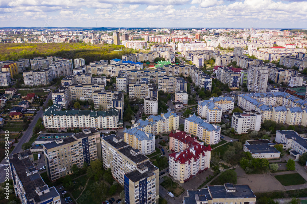 Aerial view on Sykhiv, the largest residential area in Lviv, Ukraine from drone. Chervonoyi Kalyny Avenue