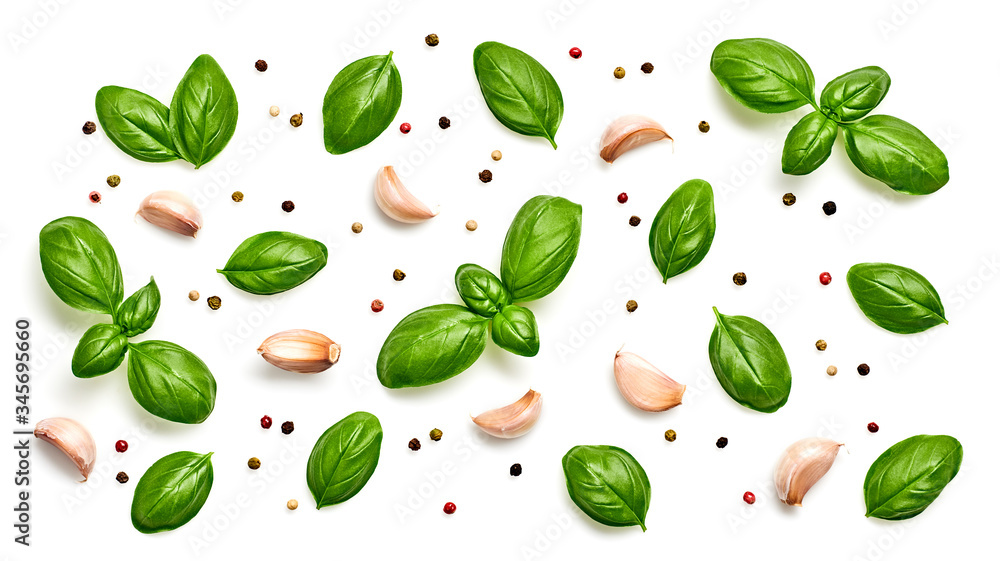 Basil, spices, pepper, garlic pattern. Vegan diet food, creative green basil background isolated on white. Fresh basil leaf layout, cooking concept, fashion wallpaper Basil, spices, pepper, garlic pattern. Vegan diet food, creative green basil background isolated on white. Fresh basil leaf layout, cooking concept, fashion wallpaper