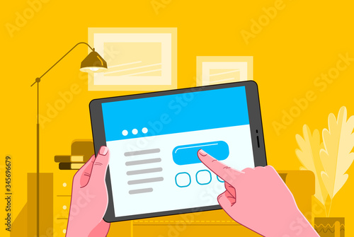 Man uses an internet application using tablet. Vector illustration