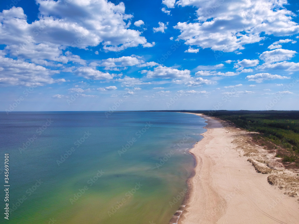 Aerial landscape of the beautiful beach at Baltic Sea in Sobieszewo, Poland