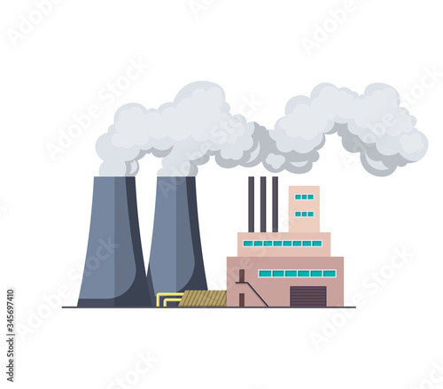Factori or power plant flat design of vector illustration. Manufactory industrial building refinery factory or Nuclear Power Station. Building big of plant or factory with pipe smoke