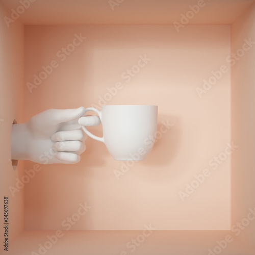 3d render, white objects inside peachy box. Hand holding porcelain cup, isolated on pastel background. Service concept. Female mannequin body part. Modern minimal fashion background.