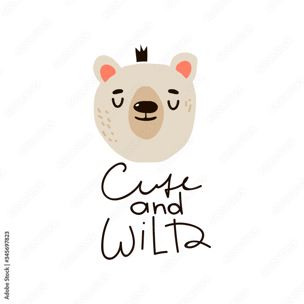Bear Head with Crown and Cute and Wild Inscription Doodle Vector Illustration Bear Head with Crown and Cute and Wild Inscription Doodle Vector Illustration