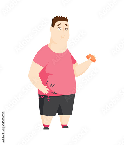 Man having stomachache symptoms of appendicitis with large, small intestine and appendix. Young fat man clutched his stomach. Abdominal pain. Appendix disease, emergency case