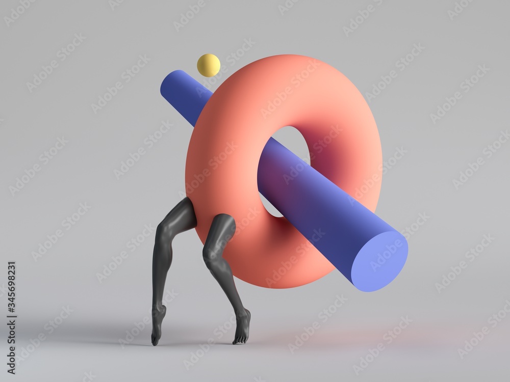 3d render, abstract surreal contemporary art. Primitive colorful geometric shapes: red torus donut, black legs walk, isolated on white background. Modern fashion design, funny freak show - obrazy, fototapety, plakaty 
