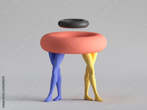 3d render, primitive colorful geometric shapes: red torus, black donut, yellow and blue legs, isolated on white background. Modern fashion funny freak show. Abstract surreal contemporary art