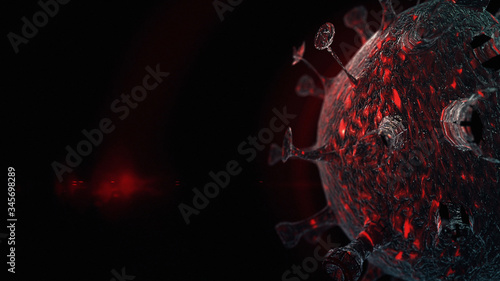 Dark background with a red virus molecule.