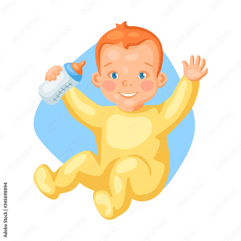 Illustration of cute little baby with bottle of milk.