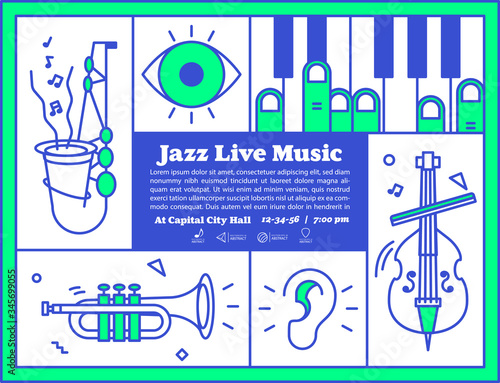 Jazz live music banner poster with ear, eye and instrument saxophone, piano, trumpet, double bass illustration vector on green and blue color. Jazz music concept.