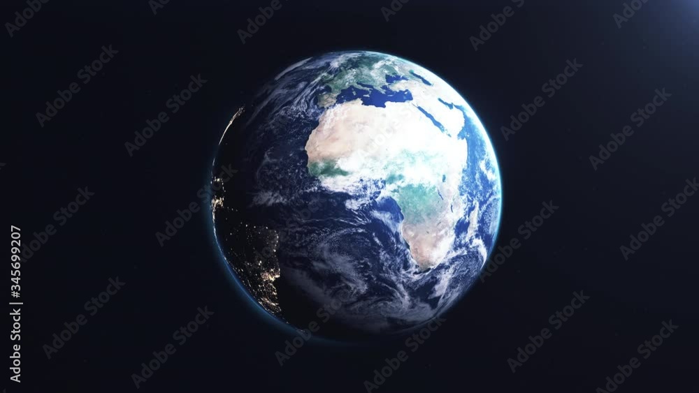 A cinematic 3d rendering - 3d The Earth slowly rotating in space moving from night to daylight loop side with the define terminator line from illuminated and darkness side. elements from NASA A cinematic 3d rendering - 3d The Earth slowly rotating in space moving from night to daylight loop side with the define terminator line from illuminated and darkness side. elements from NASA