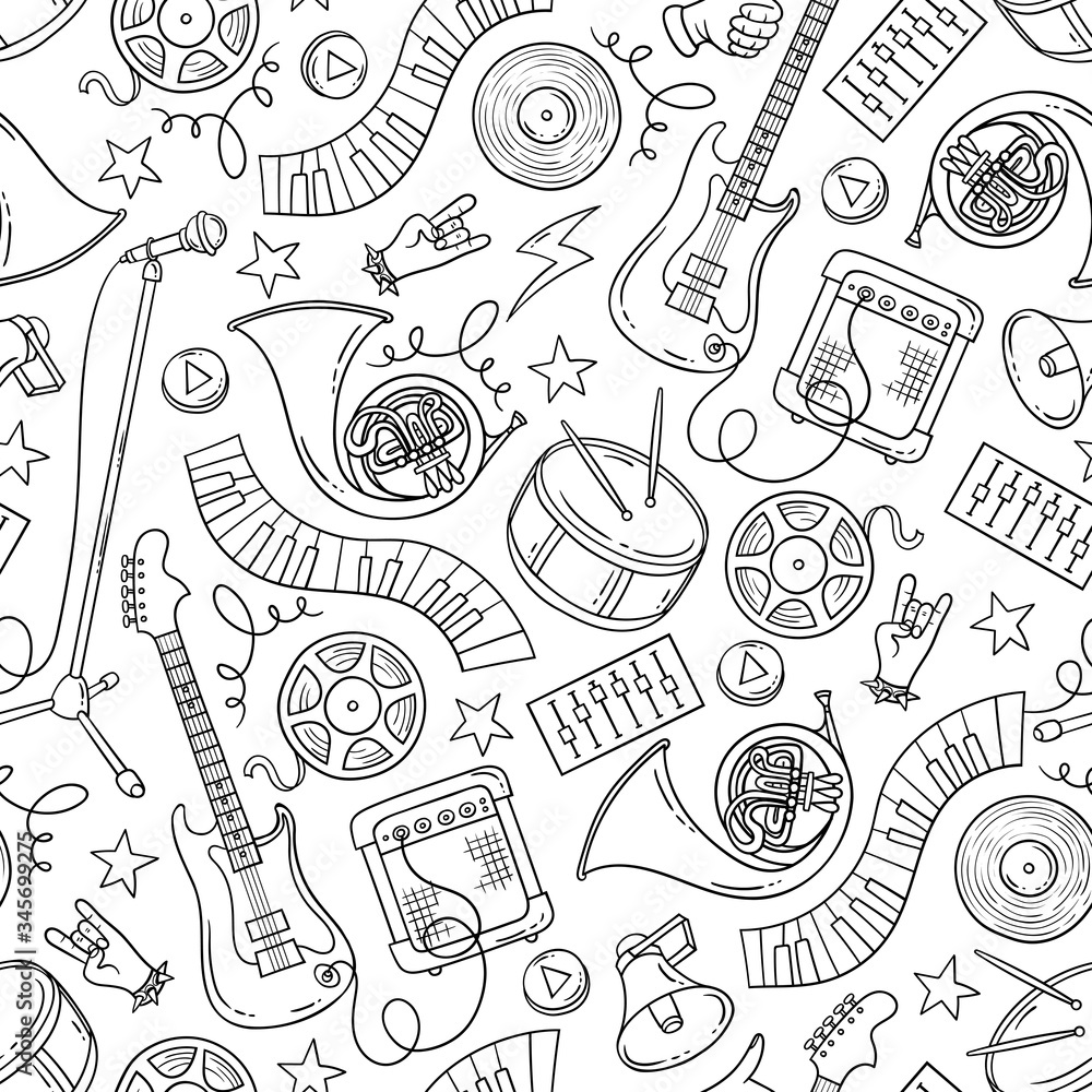 Vector seamless pattern on the theme of music. Background with isolated  cartoon musical instruments and sound symbols on white color. Line art  Stock Vector | Adobe Stock