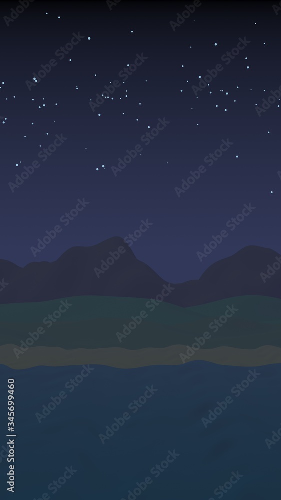 Fototapeta premium Starry moonless sky. Ocean shore line with waves on a beach. Island beach paradise with waves. Vacation, summer, relaxation. Seascape, seashore. Minimalist landscape, primitivism. 3D illustration